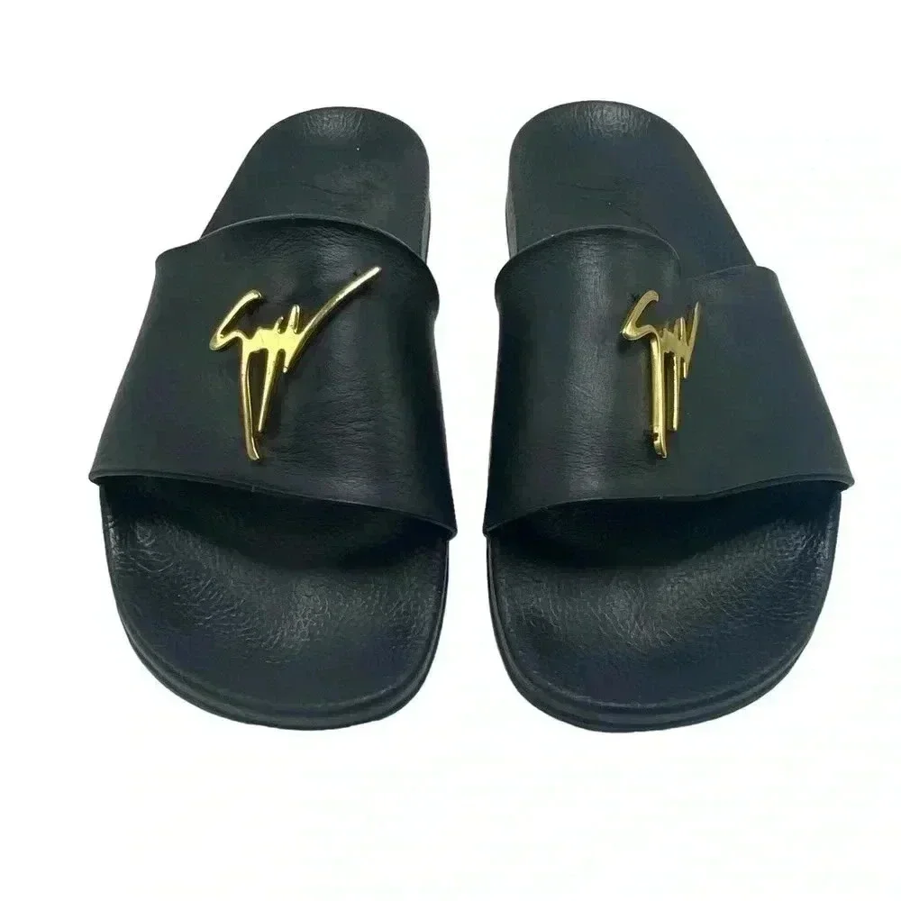 Giuseppe Zanotti Brett black leather Slide Sandal With gold Logo size 42